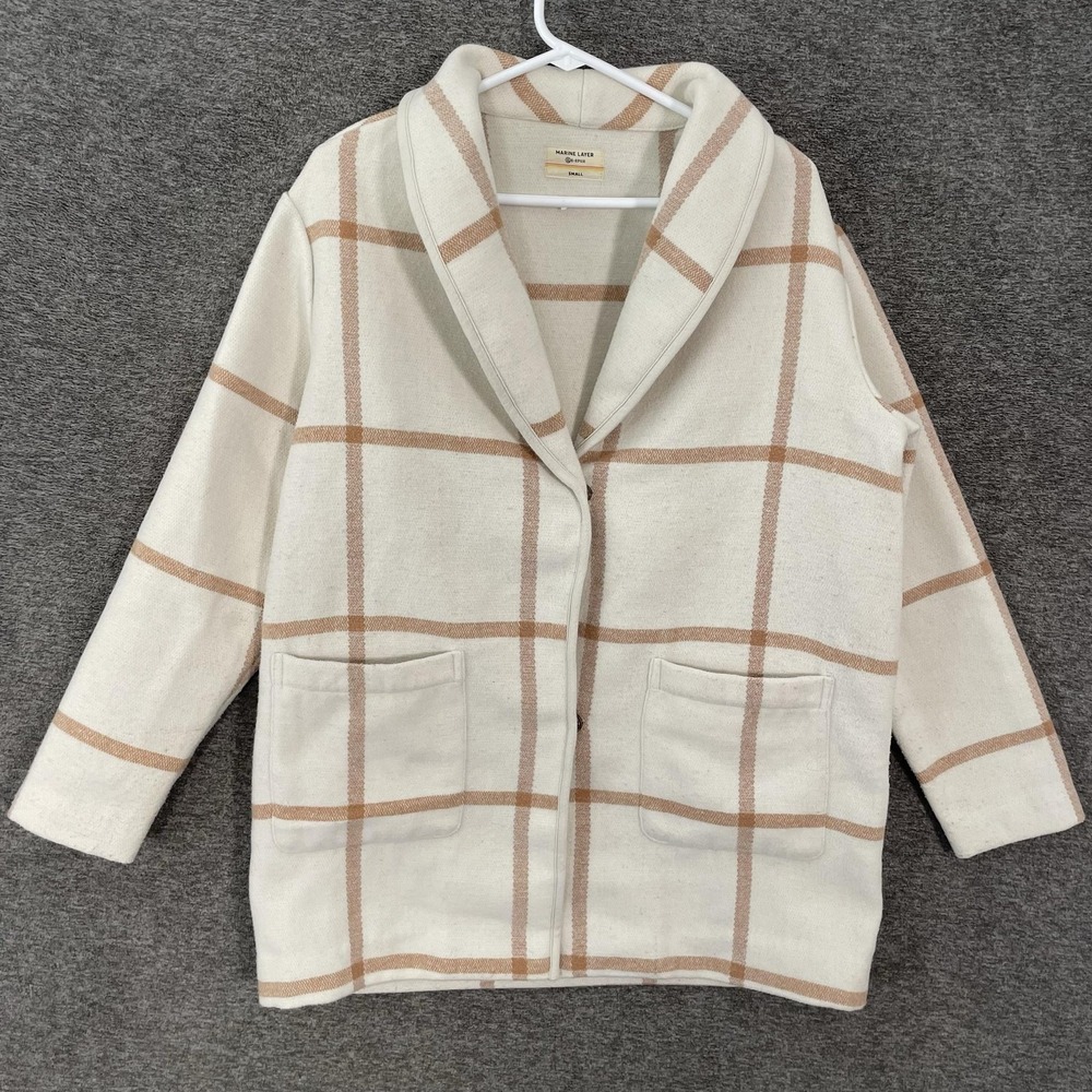 Marine Layer Coatigan Womens Small White Plaid Knit Collared Pockets Mid Length